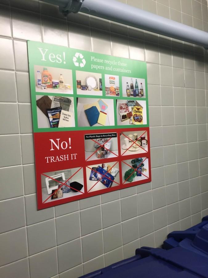 Single-stream recycling poster in trash room in John Quincy Adams residential dorm, eleventh floor. 