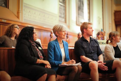 Darlene Elias, co-chair of the Green Party (left), Dr. Jill Stein (middle) and David Woodsome of International Socialist Organization of UMass (right) wait to speak at the rally in Northampton.