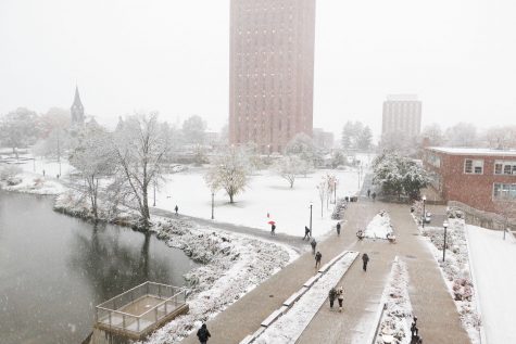 A blanket of snow covers the UMass campus during the first snowfall of the year.