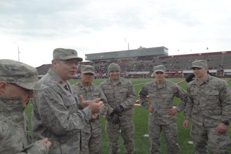 Major Bradley Podiliska speaks to the UMass Air Force ROTC at the game. (Jon Decker/Amherst Wire)