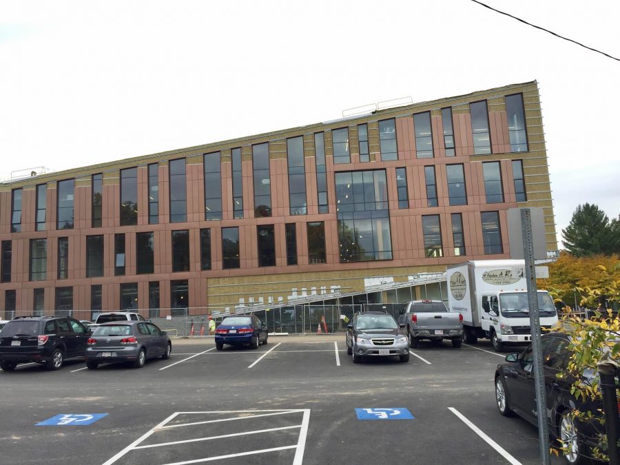 A side view of the Design Building's cross-laminated timber wood. 