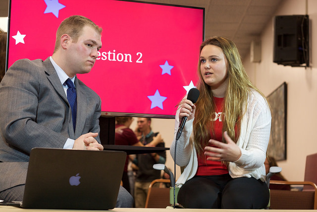 Tommy Calautti (left) interviews Summer Kaeppel about Question 2 at the Political Science Election Night Watch Party on Tuesday, Nov. 8, 2016. (Morgan Hughes/Amherst Wire)