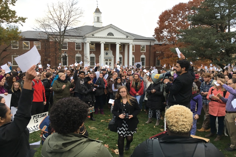 Protesters gather at the Goodell Lawn on Wednesday, Nov. 16, 2016 during a walkout to turn UMass into a sanctuary campus. (Joshua Murray/Amherst Wire)