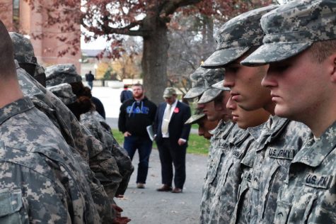UMass ROTC Cadets stand in silence at the Veteran's Day Ceremony on Friday, Nov. 11, 2016. (Jon Decker/Amherst Wire)