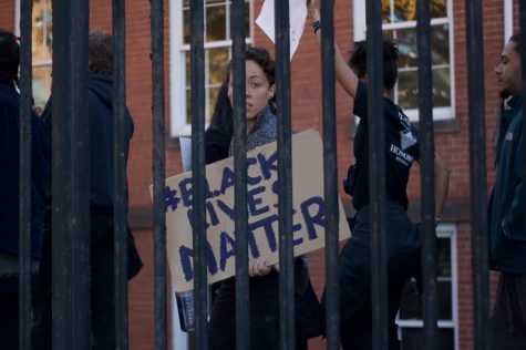 A protesters holds a "#BlackLivesMatter" sign as they march behind a fence at the edge of downtown Springfield on Sunday, Nov. 13, 2016. (Morgan Hughes/Amherst Wire)