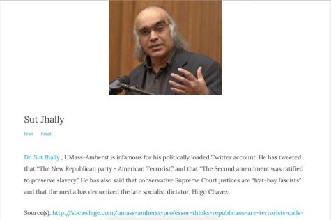 A screen grab of communication professor Sut Jhally's entry to a list of professors pushing a 'radical' agenda in class. Jhally is the only current UMass Amherst professor to be named to professorwatchlist.org.