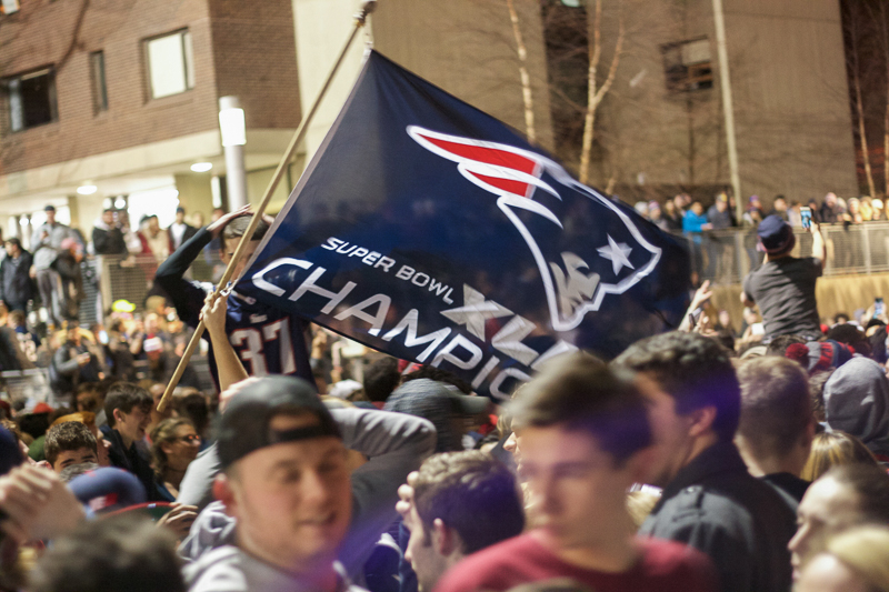 Thousands gathered in Southwest after the Patriots beat the falcons in overtime during the 51st Super Bowl. (Morgan Hughes/Amherst Wire)