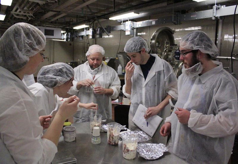 Jenna Woodward, Gretchen Mueller, Michael Barry, Curtis Barnes and Chris Von Achen (left to right) test ice cream flavors for the competition. (Matthew Hachisu/Amherst Wire)