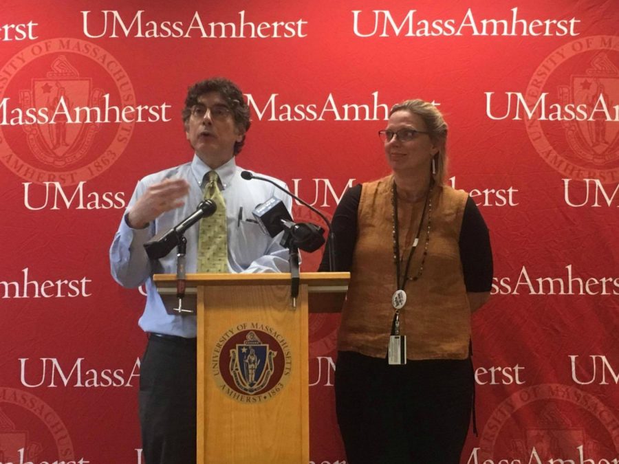 University Health Services Executive Director Dr. George Corey (left) and Public Health Nurse Ann Becker (right) address a crowd at a press conference in the Campus Center on Tuesday. (Cameron Merritt/Amherst Wire)
