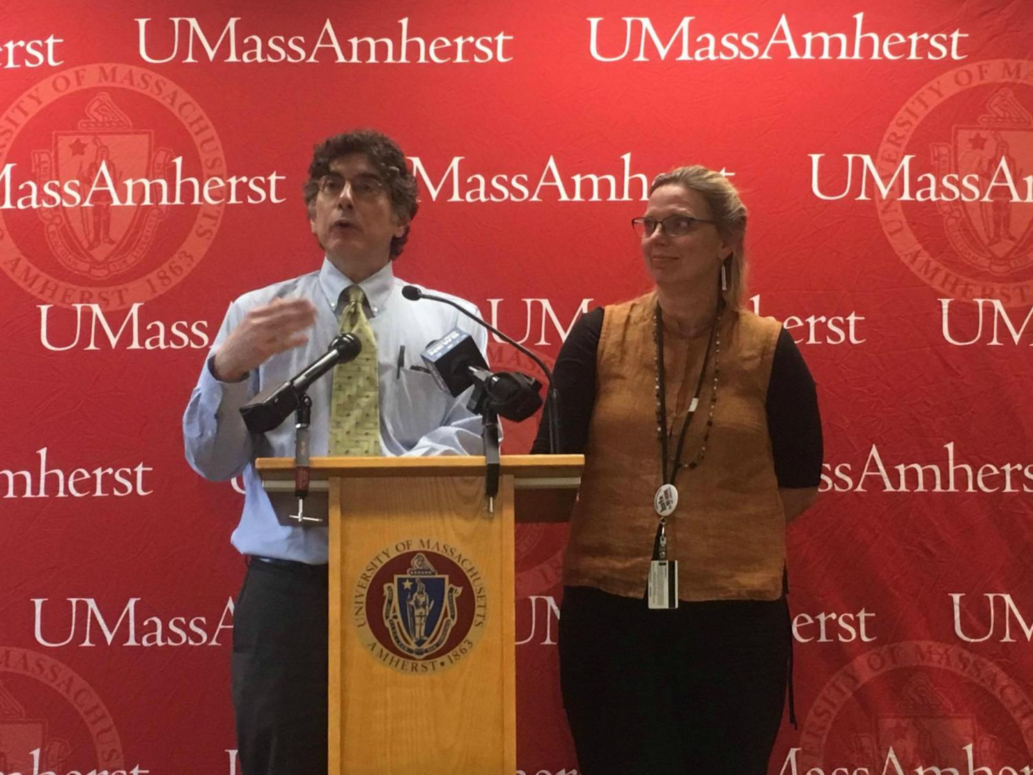 University Health Services Executive Director Dr. George Corey (left) and Public Health Nurse Ann Becker (right) address a crowd at a press conference in the Campus Center on Tuesday. (Cameron Merritt/Amherst Wire)