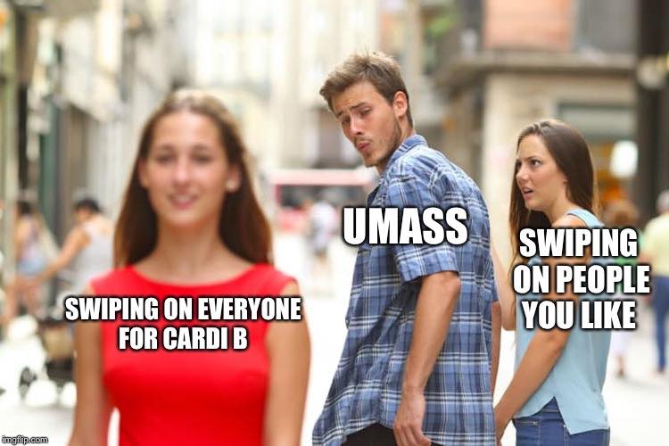 The Cardi B Swipe Off contest held by Tinder has become a popular satirical subject on University of Massachusetts Amherst meme pages. 
(Photo courtesy of Aarat Satyavolu from the UMass Memes for Second Tier Tweens Facebook page)