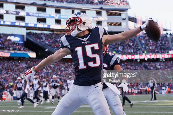 FOXBORO, MA - DECEMBER 04:  Chris Hogan #15 of the New England Patriots celebrates scoring a touchdown during the second quarter against the Los Angeles Rams at Gillette Stadium on December 4, 2016 in Foxboro, Massachusetts.  (Photo by Jim Rogash/Getty Images)