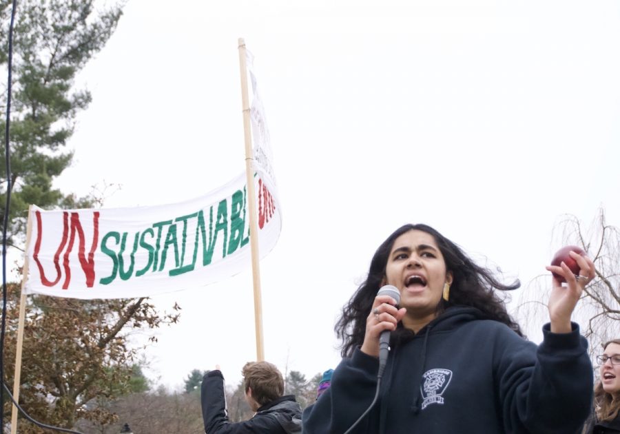 I think the most vital fact that people need to remember is that we have a climate emergency, said CEPA’s co-campaign coordinator, Barkha Bhandari, at a demonstration against UMass Amhersts use of single-use, plastic bottles on Nov. 18, 2019. The most marginalized and vulnerable communities in our society are being affected by the climate crisis a lot more adversely than we are right now.
(Brian Choquet/ Amherst Wire)
