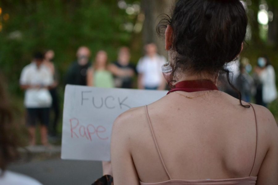 Woman at Sunday night's Theta Chi protest by Abbie Gracie