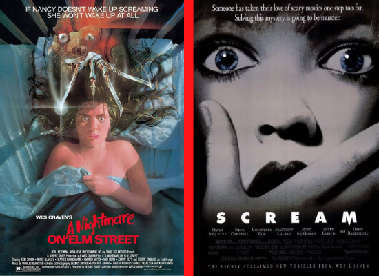 Promotional posters for "A Nightmare on Elm Street" and "Scream"