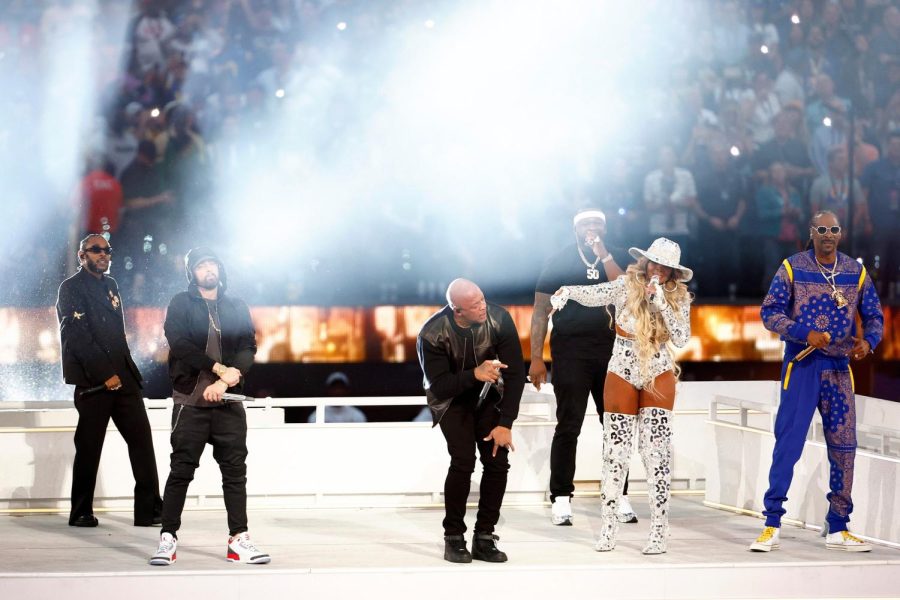 The six stars on stage at Super Bowl LVI (Ronald Martinez/The New Yorker)