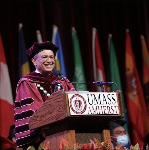 Photo of Chancellor Subbaswamy welcoming new Students at the 2021 New Student Convocation. Photo credit: umass Instagram